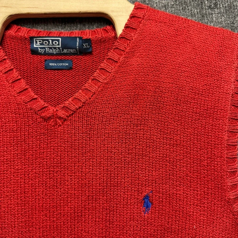 Polo Ralph Lauren Mens XL Red Cotton Knit V-Neck Sweater Vest Blue Pony Logo